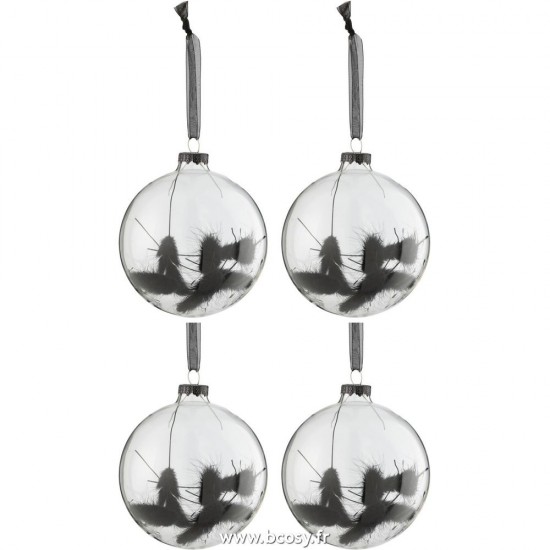 J-Line boules de noel Jolipa J Line Jline Boite 4 Boules De Noel Rond Fleur Sechee Noir Verre Transparent Medium