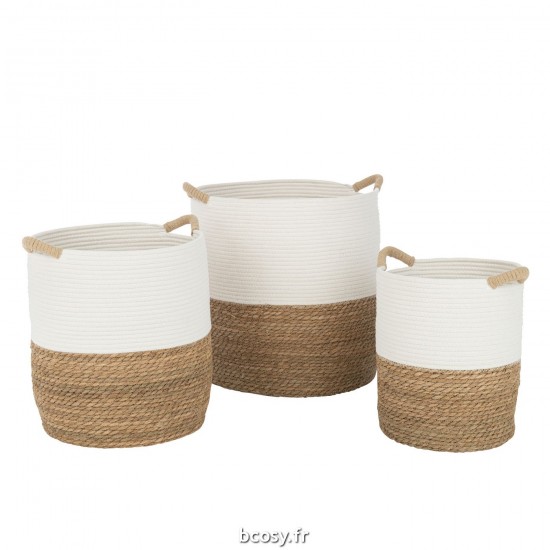 J-Line J Line paniers de rangement Jolipa Set 3 Paniers Ronds Anses Textile Blanc Naturel.