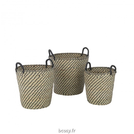 J-Line J Line paniers de rangement Jolipa Set 3 Paniers Rond Anses Paille Naturel Noir.