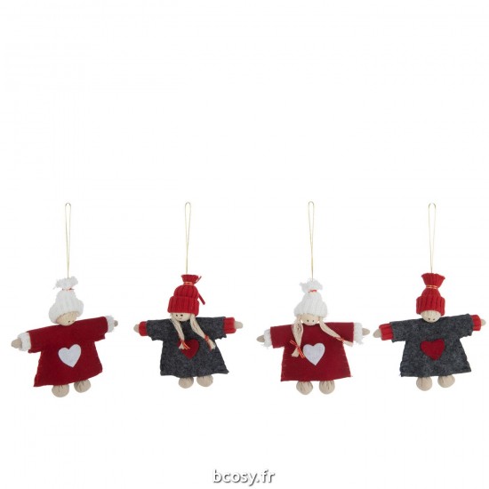 J-Line J Line boules de noel Jolipa Poupee Suspendue Garcon Fille Bonnet Bois Feutrine Rouge Gris Assortiment De 4.
