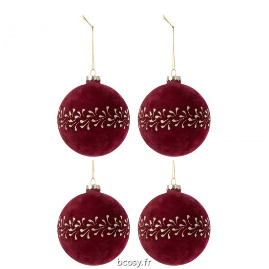J-Line J Line boules de noel Jolipa Boite De 4 Boule De Noel Motif Velours Bordeaux Or.