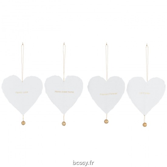 J-Line J Line boules de noel Jolipa Boite 4 Suspensions Coeur 4 Texte Coton Maché Blanc Or.