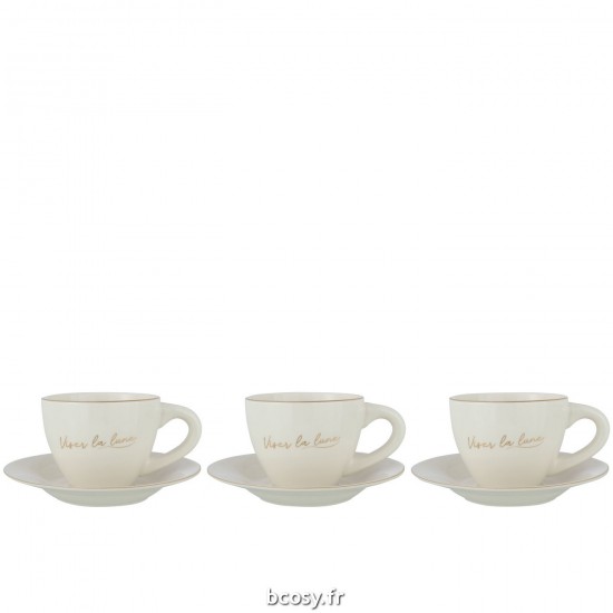 J-Line J Line série de vaisselle Jolipa Boite 3 Tasse Soucoupe Porcelaine Viser La Lune Blanc Or.