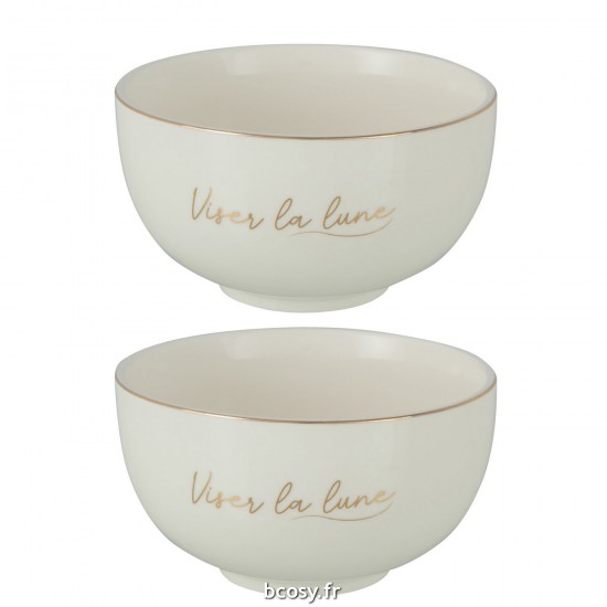 J-Line J Line série de vaisselle Jolipa Boite 2 Bols Porcelaine Viser La Lune Blanc Or Large.
