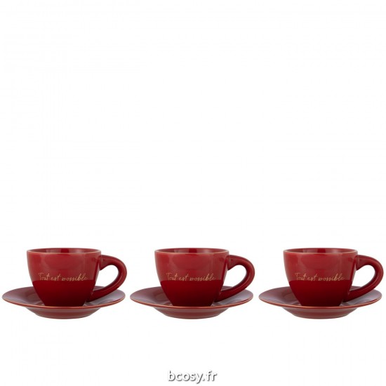 J-Line J Line série de vaisselle Jolipa Boite 3 Tasse Soucoupe Porcelaine Tout Est Possible Rouge Or.