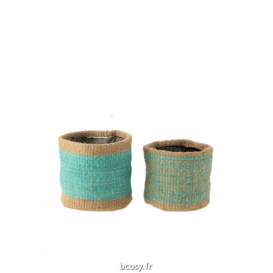 J-Line J Line paniers de rangement Jolipa Set De 2 Panier Rond Bande Jute Naturel Azur Xs S.