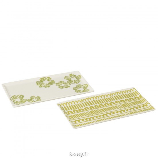 J-Line J Line assiettes Jolipa Assiette Fleur Lignes Rectangle Ceramique Vert Assortiment De 2.