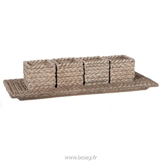 J-Line Plateau avec 4 cachepots tressées J Line cachepots de fleur Jolipa Jline Plat 4 Pots Tresse Ceramique Marron Clair 40X16X8Cm
