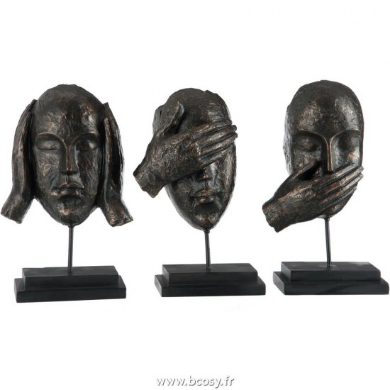J-Line Hoofden beelden horen zien en zwijgen J LINE rien vu rien entendu rien dit statuettes Jolipa Jline Entendre Voir Se Taire Sur Pied Resine Marron Assortiment De 3