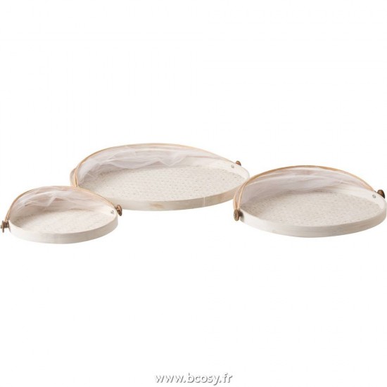 J-Line Jolipa J Line Jline Set De 3 Plateaux Protection Anti Mouches Bambou Blanc