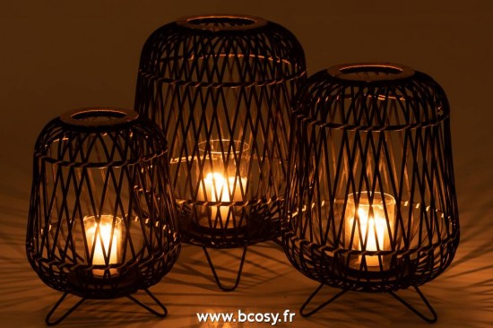 J-Line lanternes photophores J Line Lanterne Sur Pied Bambou Noir Naturel Large