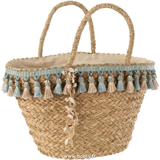 J Line Sac De Plage Floches Bleu Beige Rotin Naturel L56xB18xH30 Jline 12325 by Jolipa 12325
