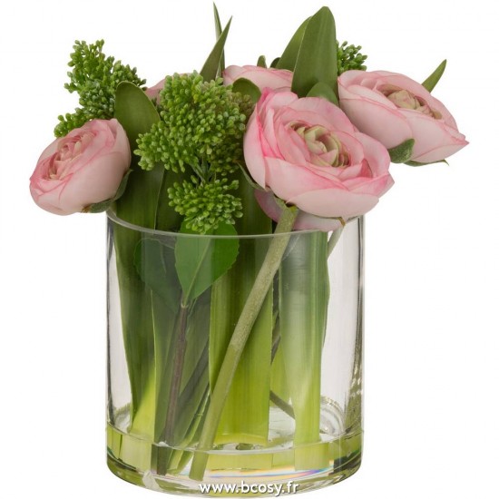 J Line Renoncule Dans Vase Plastique Verre Rose Vert Small L19xB19xH21 Jline 12498 by Jolipa 12498