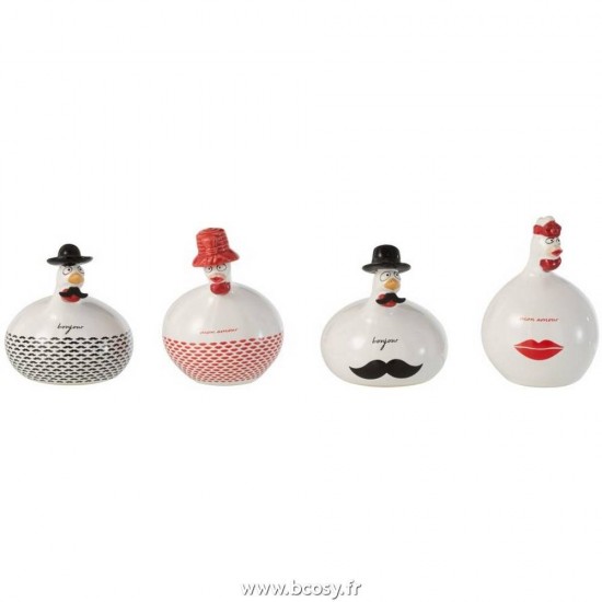 J Line Poule Bonjour Mon Amour Ceramique Blanc Rouge Noir Small L120xB7xH7 cm Jline 12554 by Jolipa 12554 Assortiment de 4 pcs
