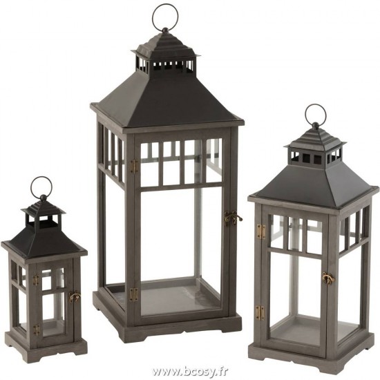 J Line Set De 3 Lanterne Bois De Sapin Noir L31xB31xH75 cm Jline 15676 by Jolipa 15676