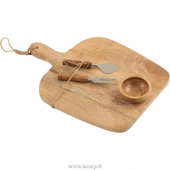 J Line Planche A Fromages + Couteau + Bol Bois De Manguier Naturel Blanc L42xB30xH2 cm Jline 15830 by Jolipa 15830