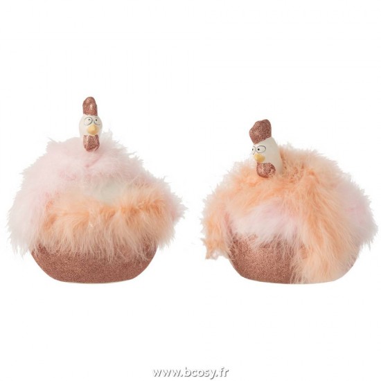 J Line Poule Plumes Ceramique Blanc Rose Large L16xB16xH21 cm Jline 17587 by Jolipa 17587 Assortiment de 2 pcs