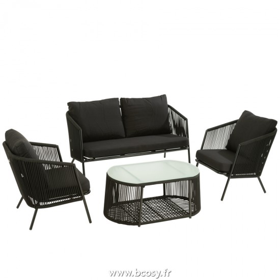 J Line Set Eli 4 Pieces Sofas Table Coussins Metal Corde Noir L142xB82xH86 cm Jline 20720 by Jolipa 20720