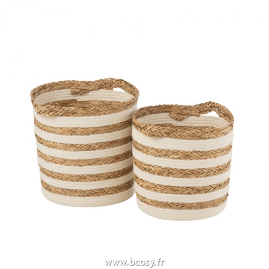 J Line Set de 2 Paniers Rayés Herbe Coton Naturel Blanc L38xB33xH37 cm Jline 20818 by Jolipa 20818
