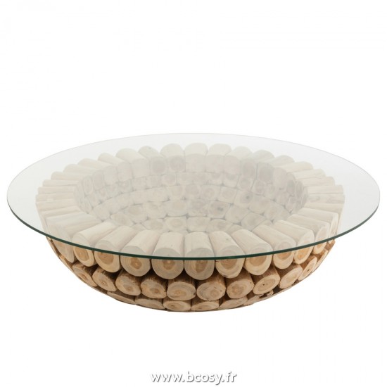 J Line Table de Salon Disques Ouvert Teck Naturel Verre L110xB110xH30 cm Jline 21121 by Jolipa 21121