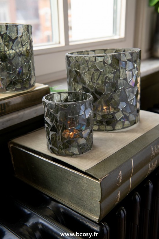 Jolipa J Line Jline Photophore Mosaïque Verre Gris Vert Small