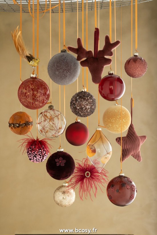 Jolipa J Line Jline Boite 4 Boules De Noel Goutte Feuille Sechee Ocre Paillettes Verre Transparent