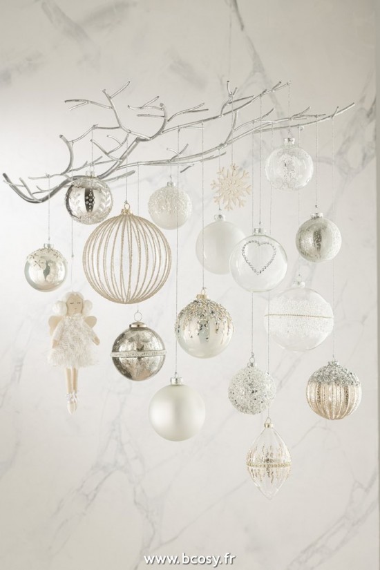 Jolipa J Line Jline Boite 6 Boules De Noel Perles Paillettes Verre Argent Blanc Small