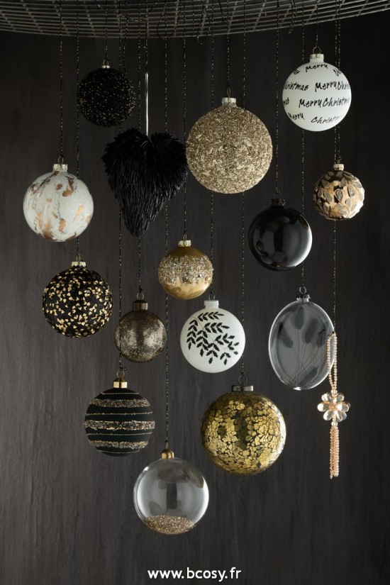 Jolipa J Line Jline Boite 4 Boules De Noel Oval Plat Fleur Sechee Noir Verre Transparent Large