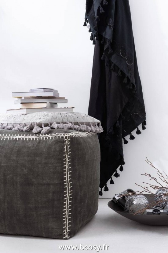 Jolipa Jline Coussin Marocain Bords Floches Velours Gris