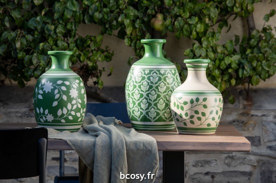 Jolipa Vase Feuilles Lignes Terre Cuite Blanc Vert.