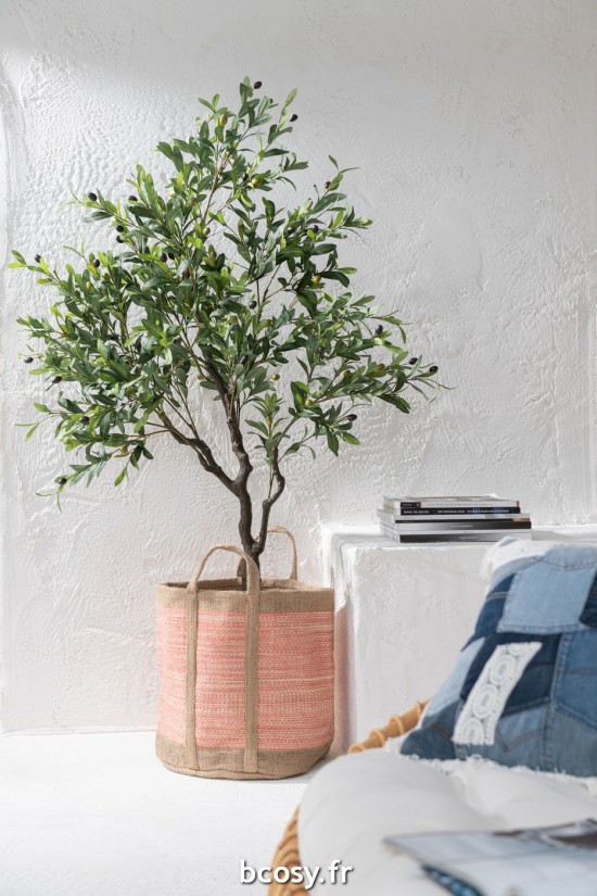 Jolipa Panier Rond Avec Anses Jute Naturel Rose.