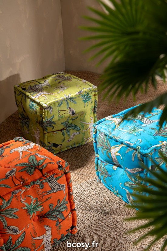 Jolipa Pouf Cube Animaux Plantes Exotiques Coton Orange.