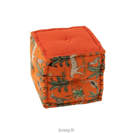 J-Line J Line poufs Jolipa Pouf Cube Animaux Plantes Exotiques Coton Orange.