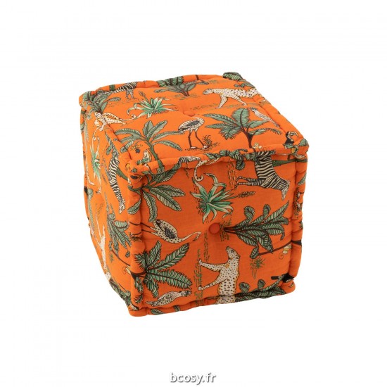 J Line Pouf Cube Animaux Plantes Exotiques Coton Orange JLine 41663 by Jolipa 41663.