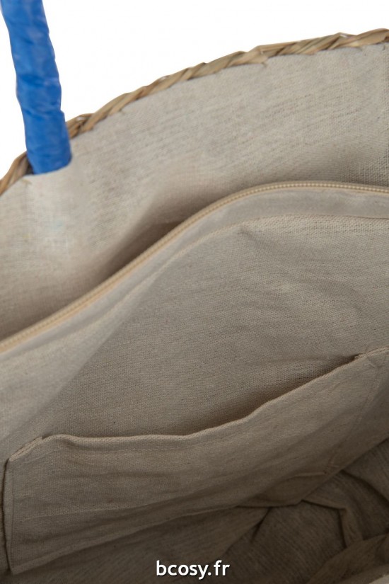 Jolipa Sac De Plage Rond Fleur Jonc De Mer Nat Bleu.