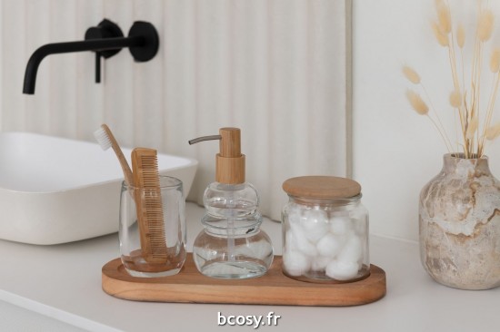 Jolipa Set 4 Accessoires Salle De Bain Verre Bois Transparent.