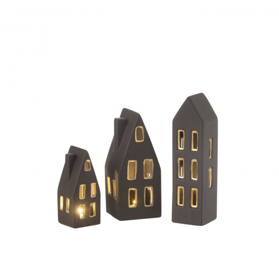 J Line Set 3 Maisons Led Porcelaine Noir Or JLine 45212 by Jolipa 45212.
