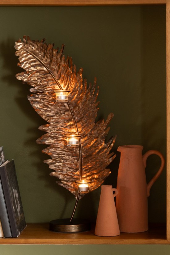 Jolipa Porte Bougie Feuille Metal Verre Marron.