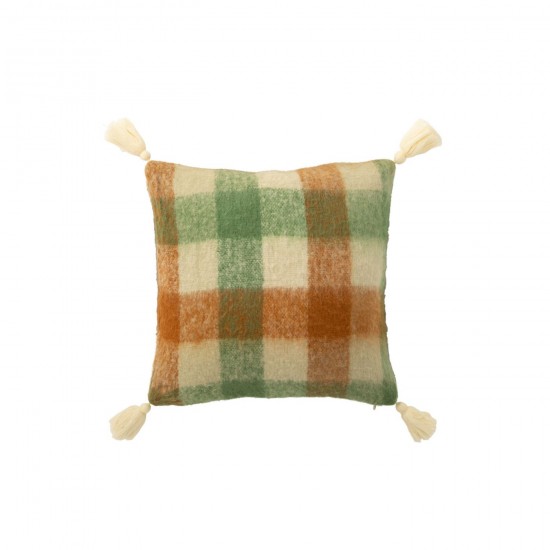J Line Coussin Carreaux Floches Acrylique Blanc Vert Brun JLine 46525 by Jolipa 46525.