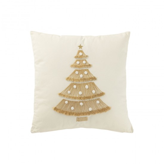 J Line Coussin Sapin Franges Pompomps Coton Blanc Doré JLine 47120 by Jolipa 47120.
