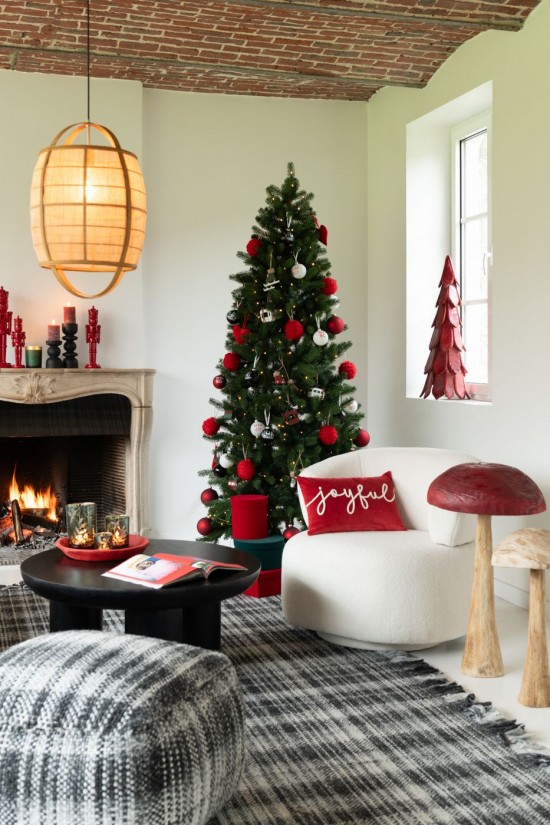 Jolipa Coussin Rectangle Joyful Velours Rouge Blanc.