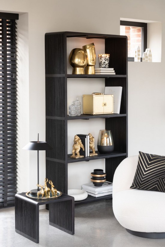 Jolipa Coussin Rayures Pyramides Velours Noir Doré.