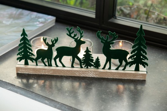 Jolipa Photophore 3 Piéces Cerfs Sapins Métal Bois Vert Foncé.