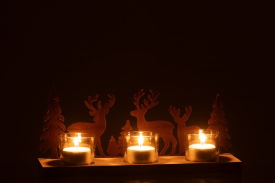 J-Line J Line photophores Jolipa Photophore 3 Piéces Cerfs Sapins Métal Bois Brun.