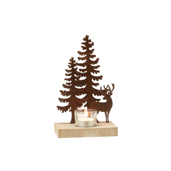 J Line Photophore 1 Piéce Cerf Sapins Métal Bois Brun JLine 47227 by Jolipa 47227.