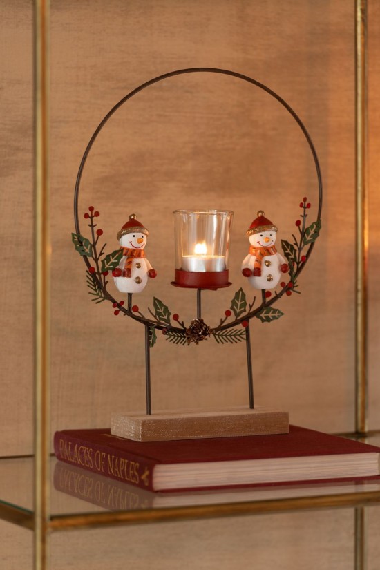 Jolipa Photophore Cercle Sur Pied Bonhommes De Neige Mix.