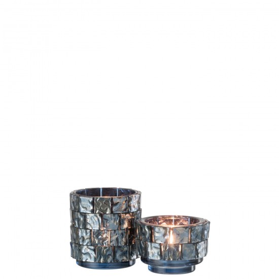 Jolipa Photophore Carre Mosaique Verre Bleu Fonce Large.