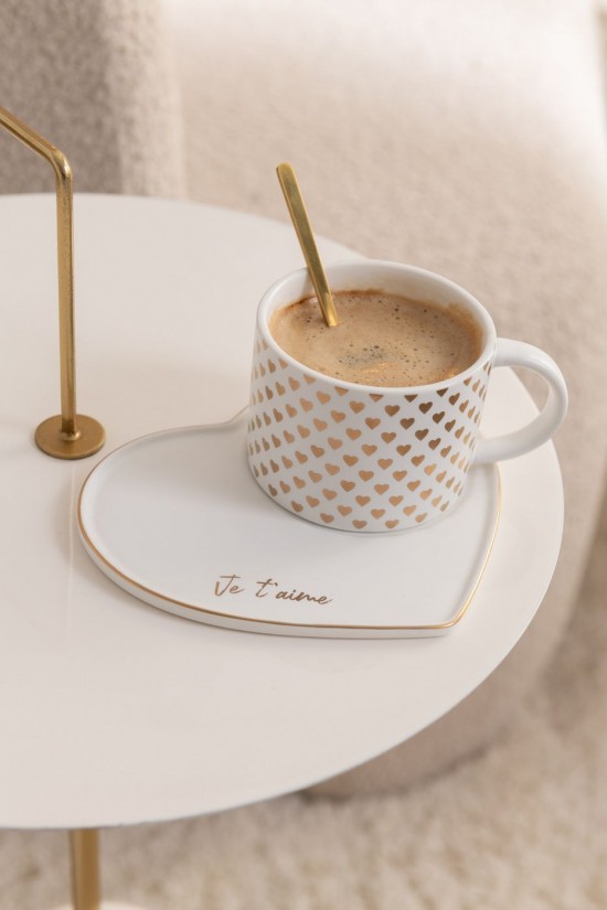 Jolipa Tasse Sous Tasse Cuillere Coeur Ceramique Blanc Or.