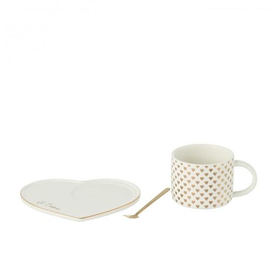 J-Line J Line tasses de cafe Jolipa Tasse Sous Tasse Cuillere Coeur Ceramique Blanc Or.