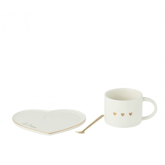 J-Line J Line tasses de cafe Jolipa Tasse Sous Tasse Cuillere 3Coeur Ceramique Blanc Or.